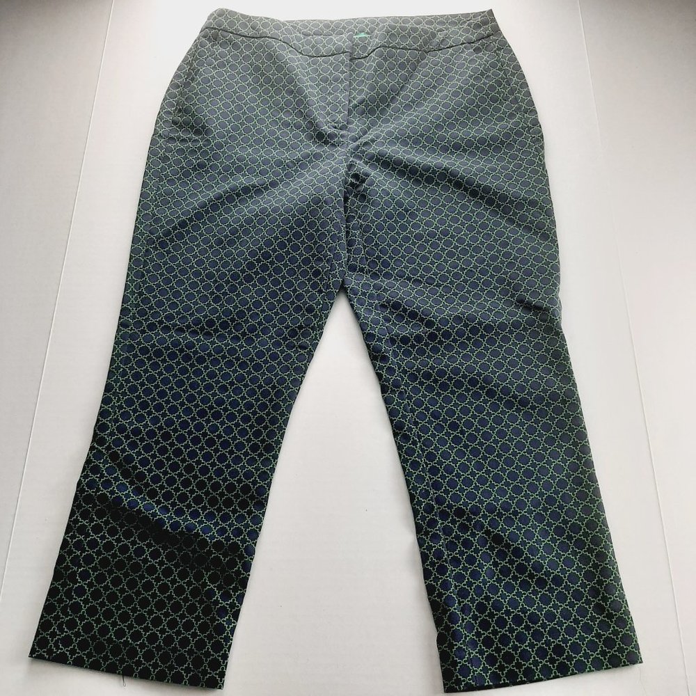 Kenar Womens Cropped Pant Size 6 Navy and Green Geometric Print Stretch Mid Rise
